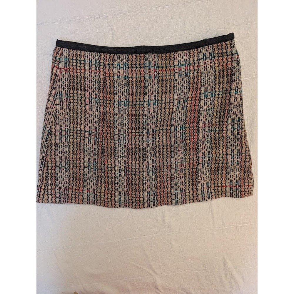 Theory 100% Silk Skirt Size 4‎ Multicolor Tweed Mini with Leather Waistband